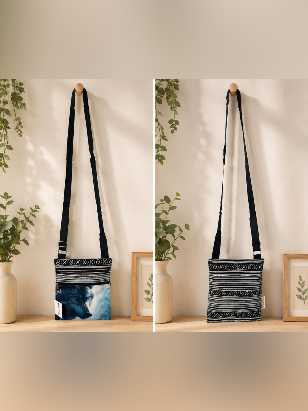🆕 Canvass Boho Crossbody Bag with Wolf Print